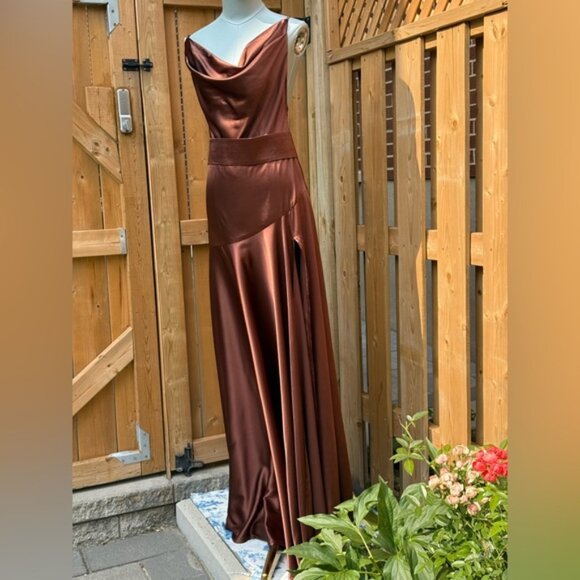 🆕 BRONX & BANCO 🧿 NWOT Leo Chocolate Brown Silk-Blend Maxi Dress, Sz L US 8 - Picture 5 of 16